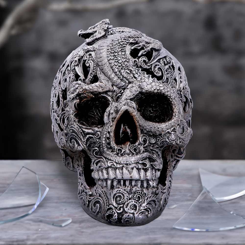 Design Toscano Drago assassino sul teschio Statuetta gotica decoro da